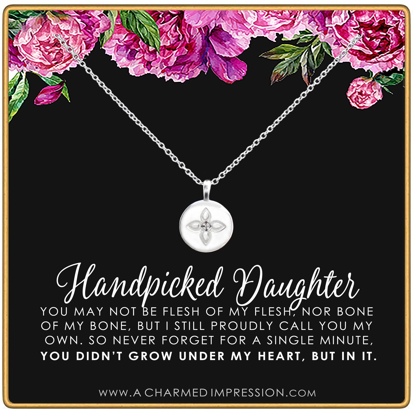 Handpicked Daughter • Jewelry Gifts for Adopted Child • Daughter Gift Necklace • From Mom Dad • Adoption Keepsake• Unbiological Mother Father Gifts • Women Girls • Lotus Crystal Disc Necklace