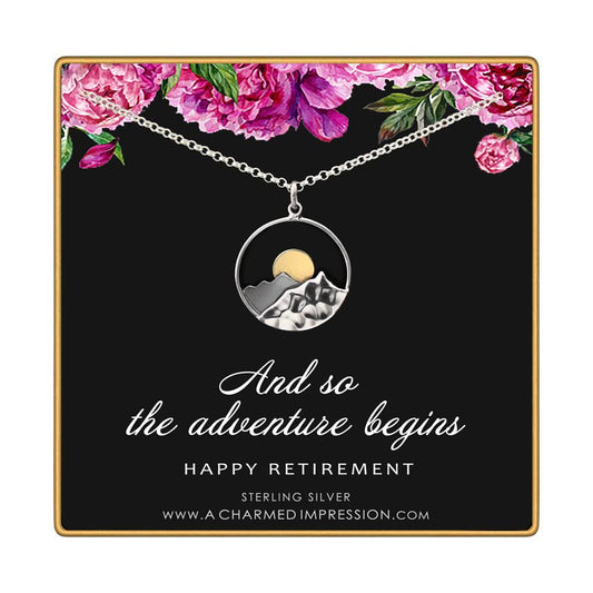 Retirement Gift for Women • 925 Sterling Silver • Large Mountain Charm Necklace • Service Appreciation Jewelry • Friend Teacher Nurse Work Colleague • And so the Adventure Begins