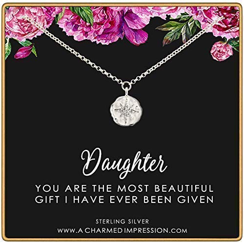 Gift for Daughter • Sterling Silver Necklace • Daughter Gifts from Mom Dad • CZ Diamond Starburst Charm • Stepdaughter Gifts for Teen Girls • Best Daughter Necklace • Birthday Gift for Adult Daughter