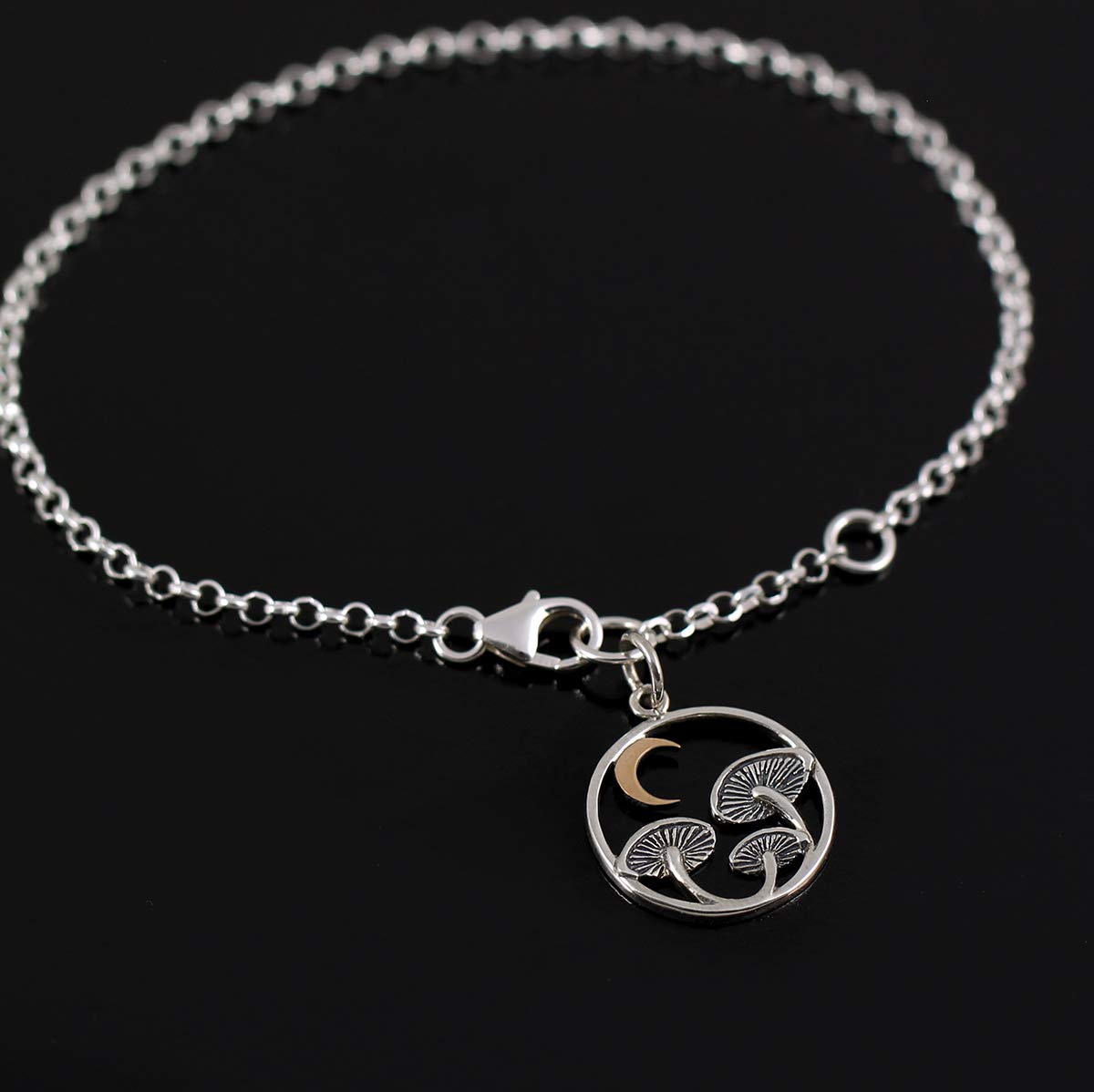 Sterling Silver Mushroom Charm Bracelet • Bronze Crescent Moon • Two Tone Crescent Moon Pendant • Celestial • Mushroom Charm Jewelry
