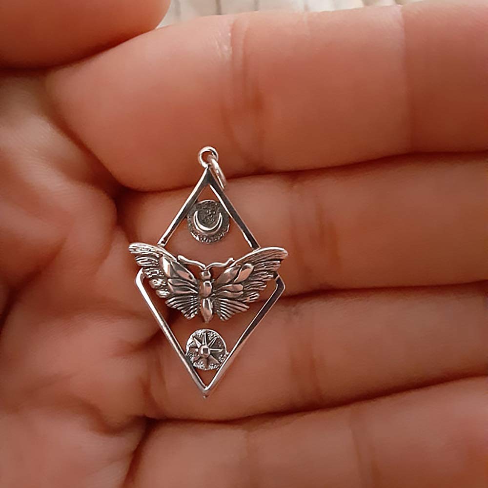 Sterling Silver Butterfly Moth with Sun and Moon • Adjustable Chain Necklace • Moth Pendant • Butterfly Insect Bug Jewelry • Metaphysical Charm • Celestial Moon Phases Pendant • Intuition Jewelry
