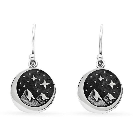 Sterling Silver Star Moon & Mountains Earrings • Starry Night Mountain • Crescent Moon • Snow Capped Mountain • Hiking Camping • Outdoor Nature Lover Gifts for Women • Loves to Camp Hike Jewelry