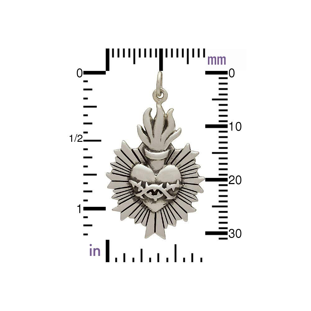Sacred Flaming Heart with Thorns Charm • Solid Sterling Silver Heart • God's Love • Jesus Love Pendant Necklace Charm
