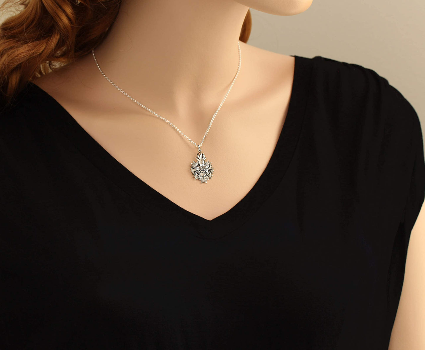 Sacred Flaming Heart with Thorns Charm Necklace • Solid Sterling Silver Heart • God's Love • Jesus Love Pendant Necklace