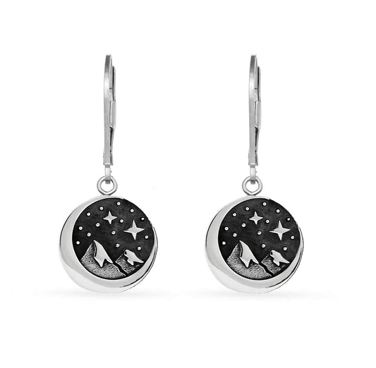 Sterling Silver Star Moon & Mountains Earrings • Starry Night Mountain Charm Leverback Earrings • Crescent Moon • Snow Capped Mountain Necklace • Outdoors Hiking Camping • Nature Lover Gifts for Women