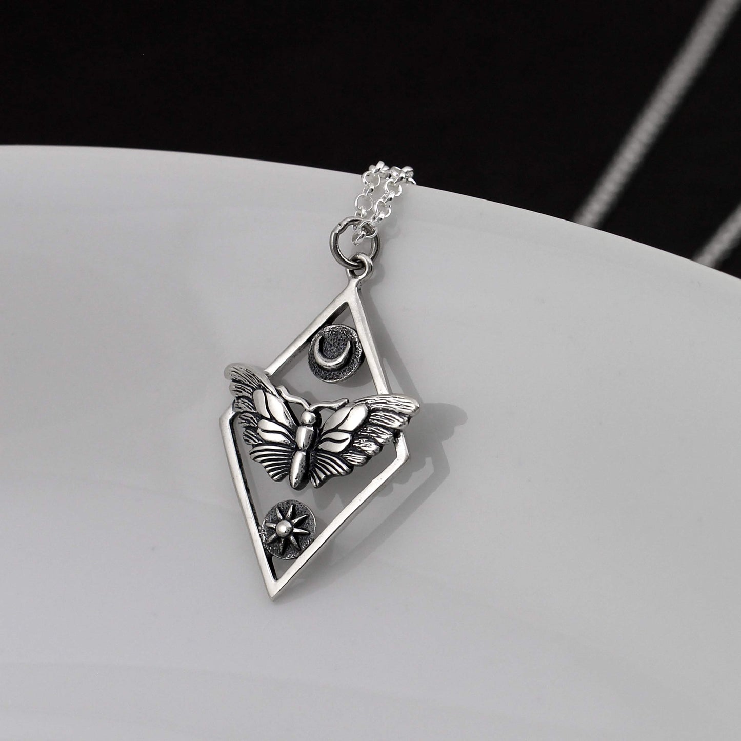 Sterling Silver Butterfly Moth with Sun and Moon • Adjustable Chain Necklace • Moth Pendant • Butterfly Insect Bug Jewelry • Metaphysical Charm • Celestial Moon Phases Pendant • Intuition Jewelry