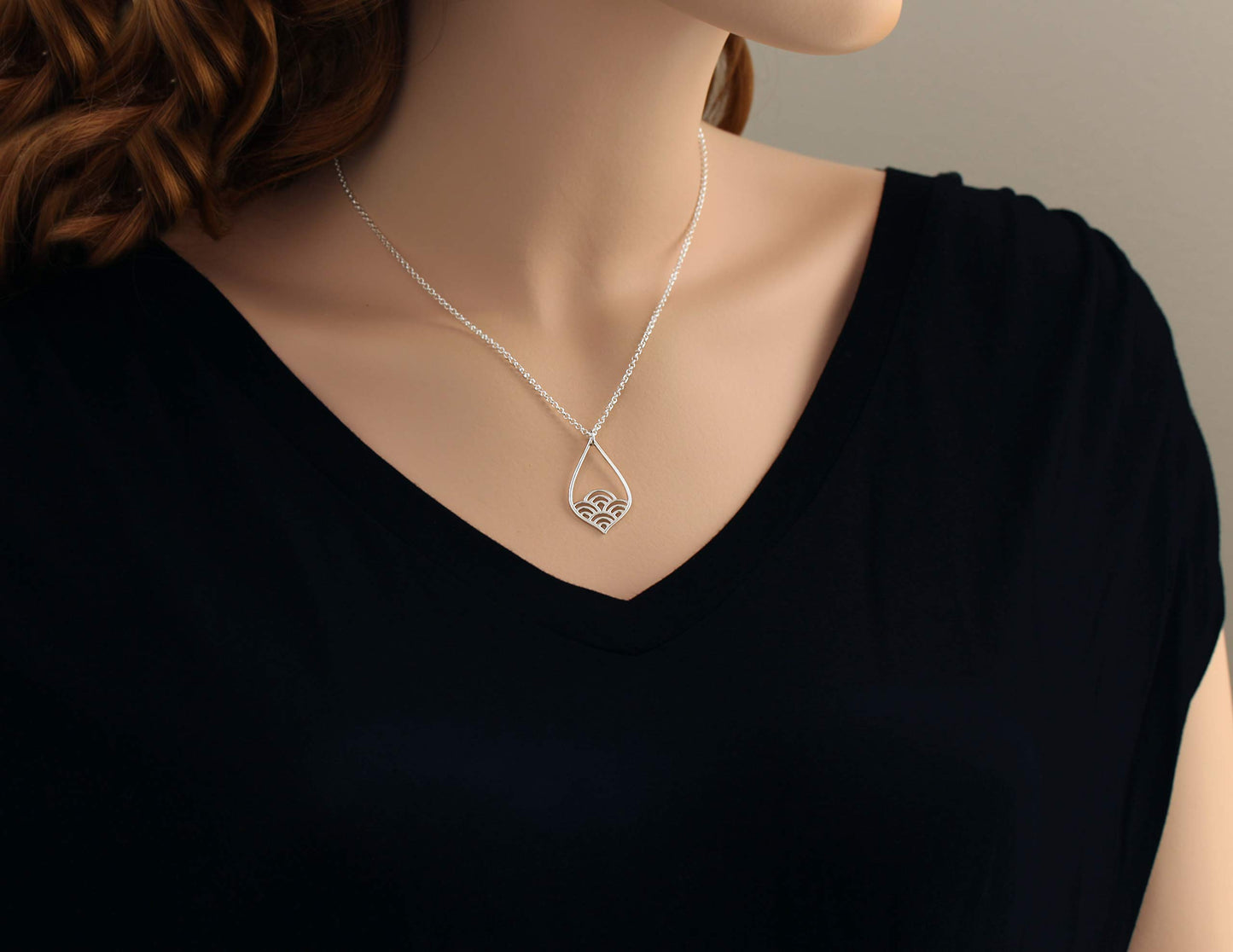 A Charmed Impression Sterling Silver Wave Teardrop Necklace • Simple Minimalist Jewelry • Modern Pendant • Romantic Feminine • Waves Pattern