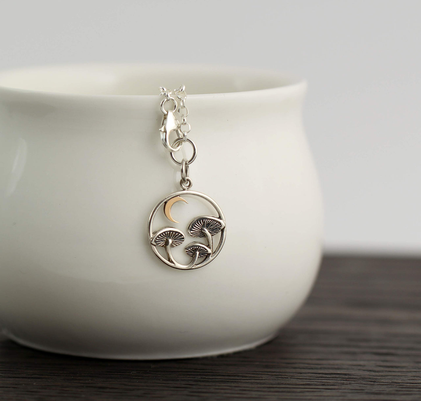 Sterling Silver Mushroom Charm Bracelet • Bronze Crescent Moon • Two Tone Crescent Moon Pendant • Celestial • Mushroom Charm Jewelry