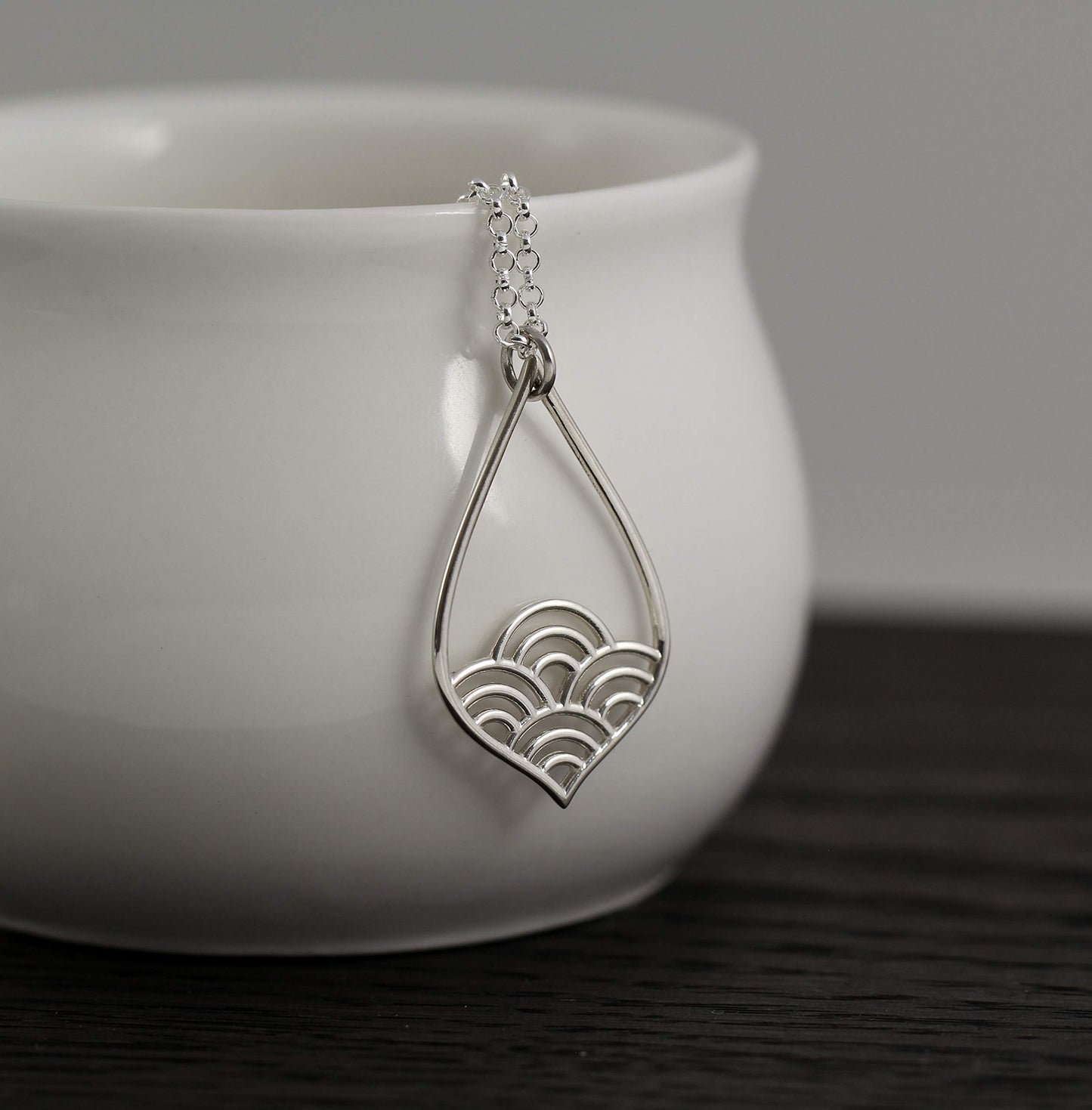 A Charmed Impression Sterling Silver Wave Teardrop Necklace • Simple Minimalist Jewelry • Modern Pendant • Romantic Feminine • Waves Pattern