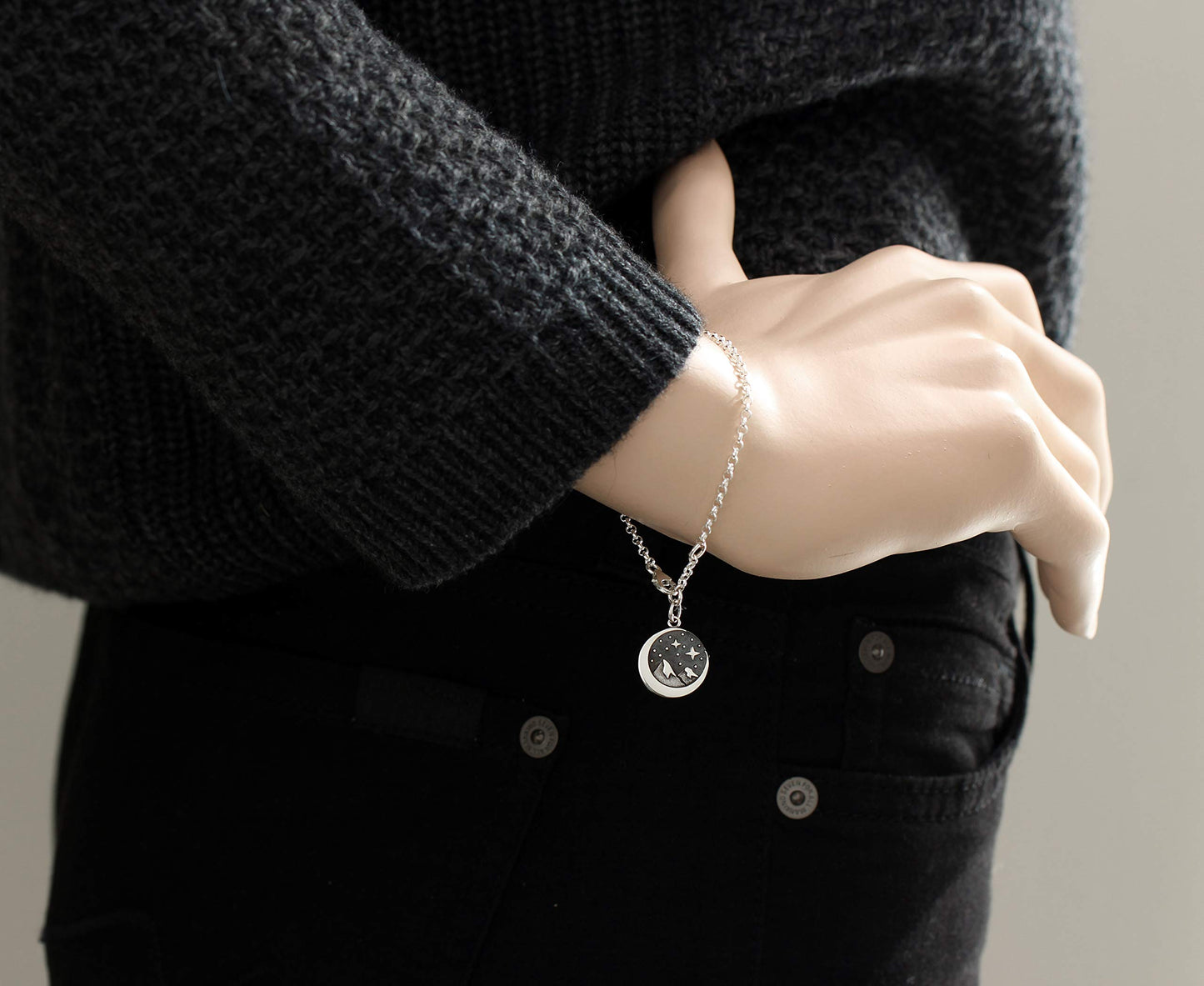 Sterling Silver Star Moon & Mountains Bracelet • Starry Night Mountain Charm • Crescent Moon • Snow Capped Mountain Bracelet • Hiking Camping Nature Lover Gifts for Women