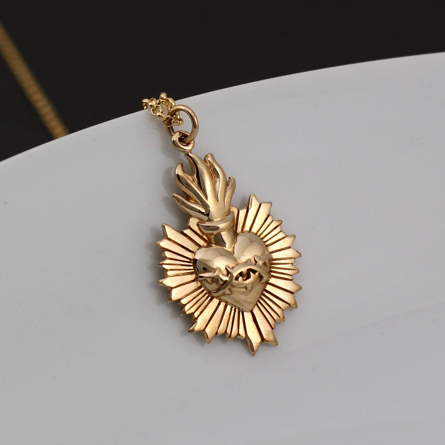 Gold Sacred Flaming Heart with Thorns Charm Necklace • 14k Gold Filled Chain • Solid Bronze Heart • God's Love • Jesus Love Pendant Necklace