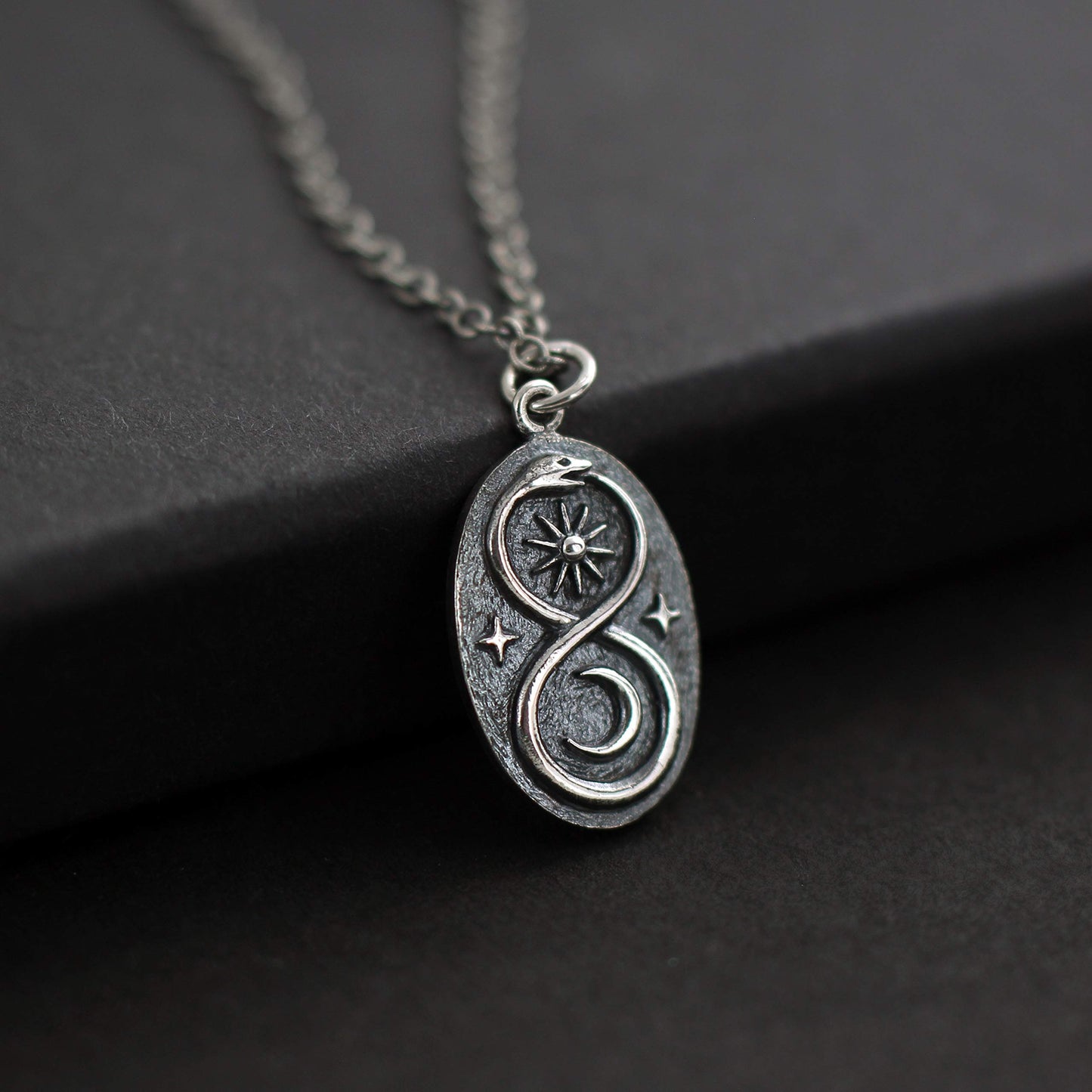 Two Cups Sterling Silver Infinity Ouroboros Snake Pendant on Antiqued Sterling Silver Chain • Sun Moon Lunar Circle