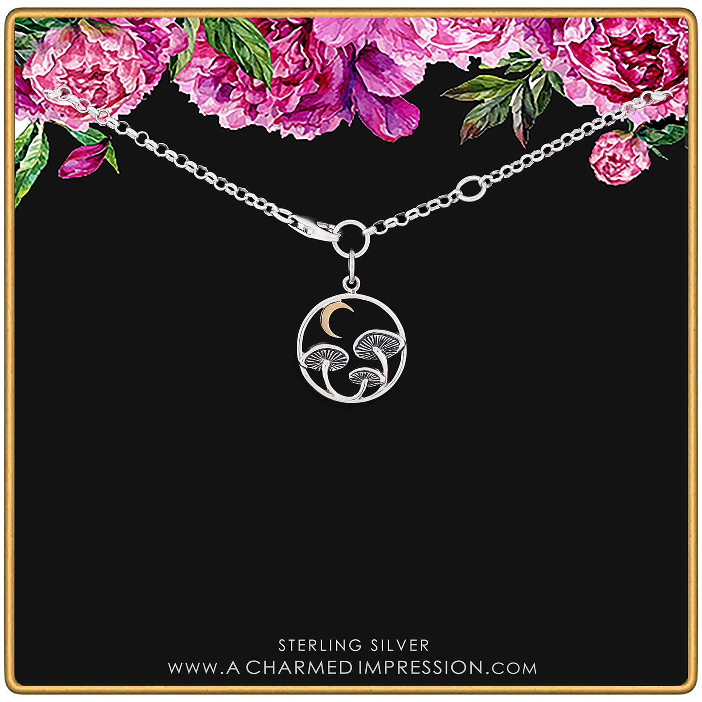 Sterling Silver Mushroom Charm Bracelet • Bronze Crescent Moon • Two Tone Crescent Moon Pendant • Celestial • Mushroom Charm Jewelry
