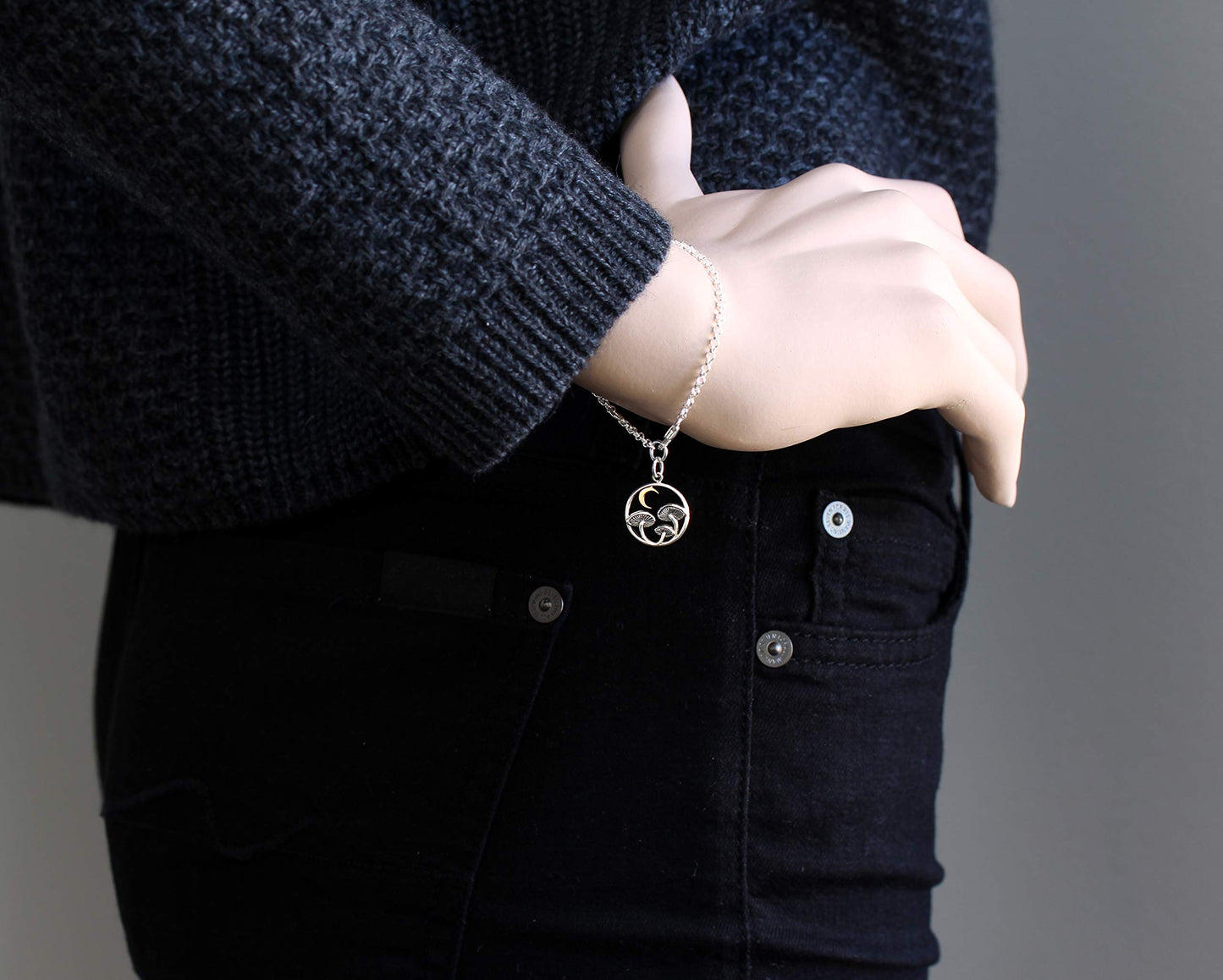 Sterling Silver Mushroom Charm Bracelet • Bronze Crescent Moon • Two Tone Crescent Moon Pendant • Celestial • Mushroom Charm Jewelry