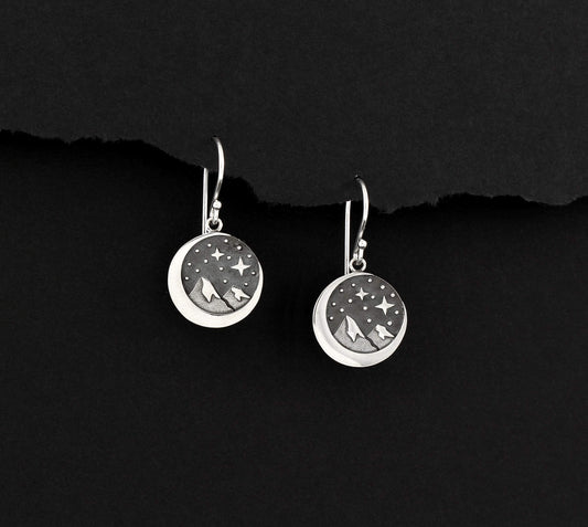 Sterling Silver Star Moon & Mountains Earrings • Starry Night Mountain • Crescent Moon • Snow Capped Mountain • Hiking Camping • Outdoor Nature Lover Gifts for Women • Loves to Camp Hike Jewelry