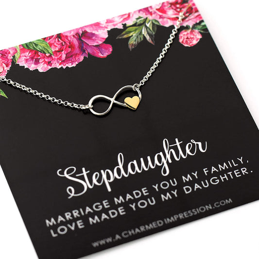 Stepdaughter Gift • from Stepdad Stepmom • Infinite Love Necklace • 925 Sterling Silver • Infinity and Gold Heart Charm • Gifts for Step Daughter