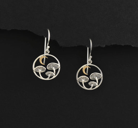 Sterling Silver Mushroom Earrings • Bronze Crescent Moon • Two Tone Silver and Gold Crescent Moon • Magical Mystical Mushroom Charm Jewelry
