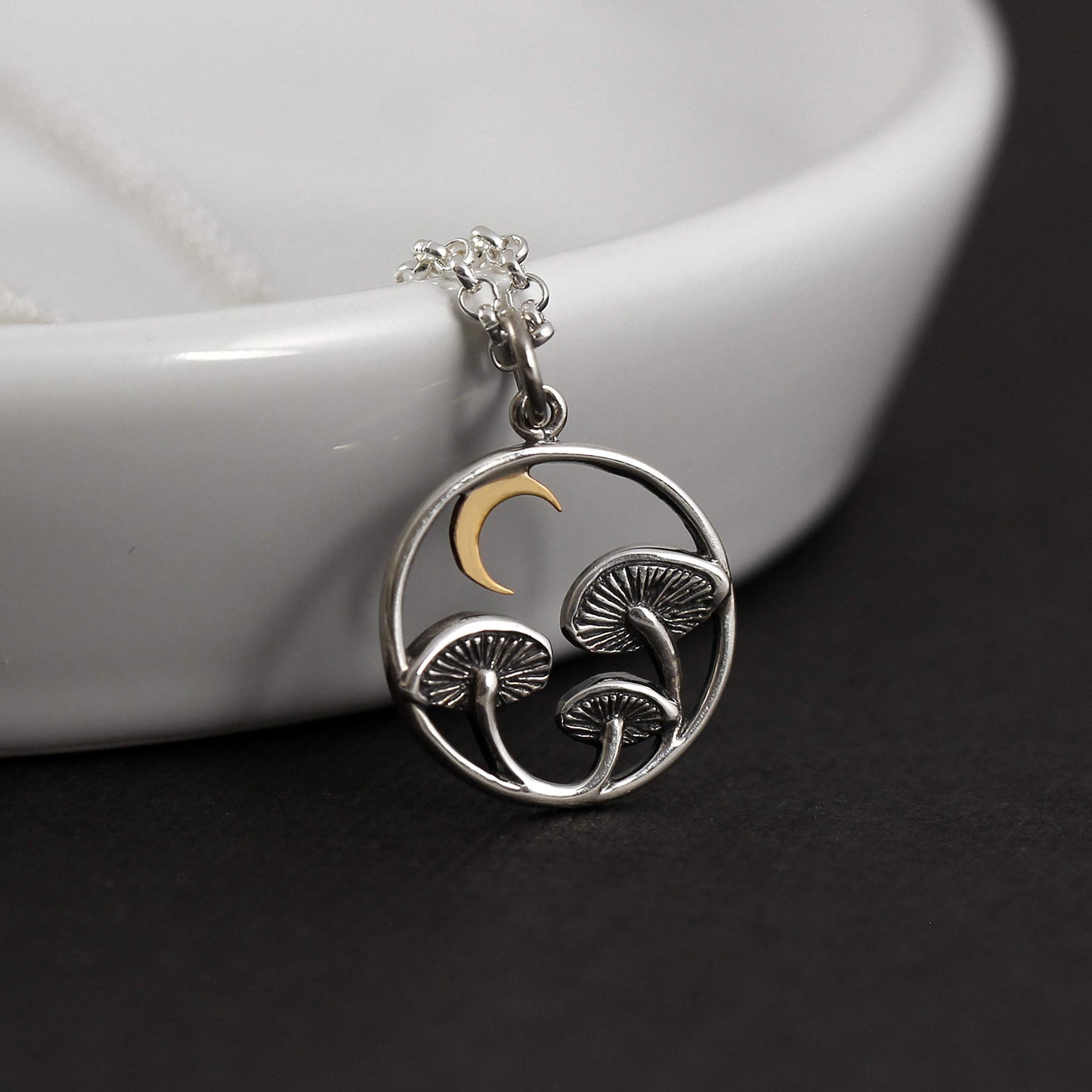 Sterling Silver Mushroom Charm Necklace • Bronze Crescent Moon • Two Tone Crescent Moon Pendant • Celestial • Mushroom Charm Jewelry