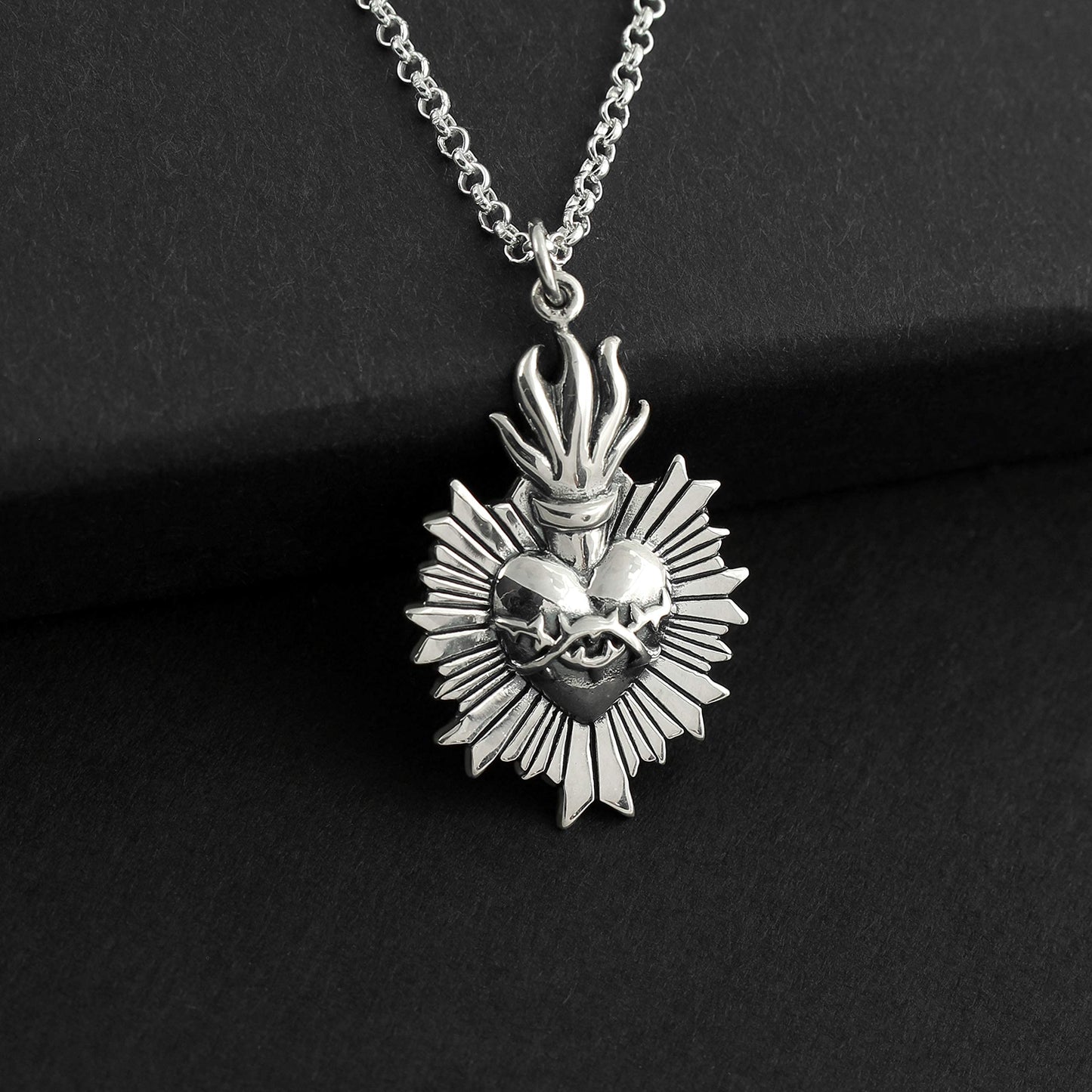 Sacred Flaming Heart with Thorns Charm Necklace • Solid Sterling Silver Heart • God's Love • Jesus Love Pendant Necklace