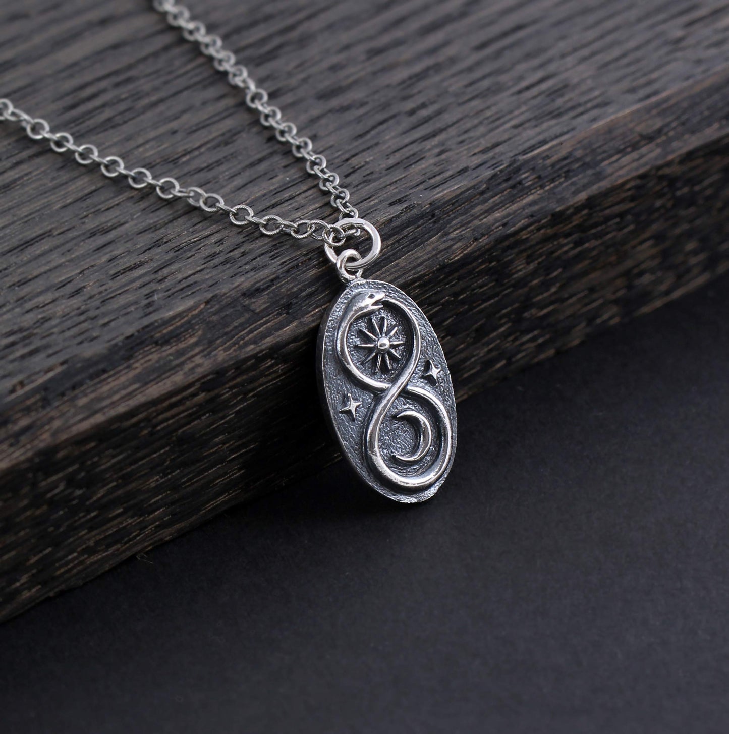 Two Cups Sterling Silver Infinity Ouroboros Snake Pendant on Antiqued Sterling Silver Chain • Sun Moon Lunar Circle