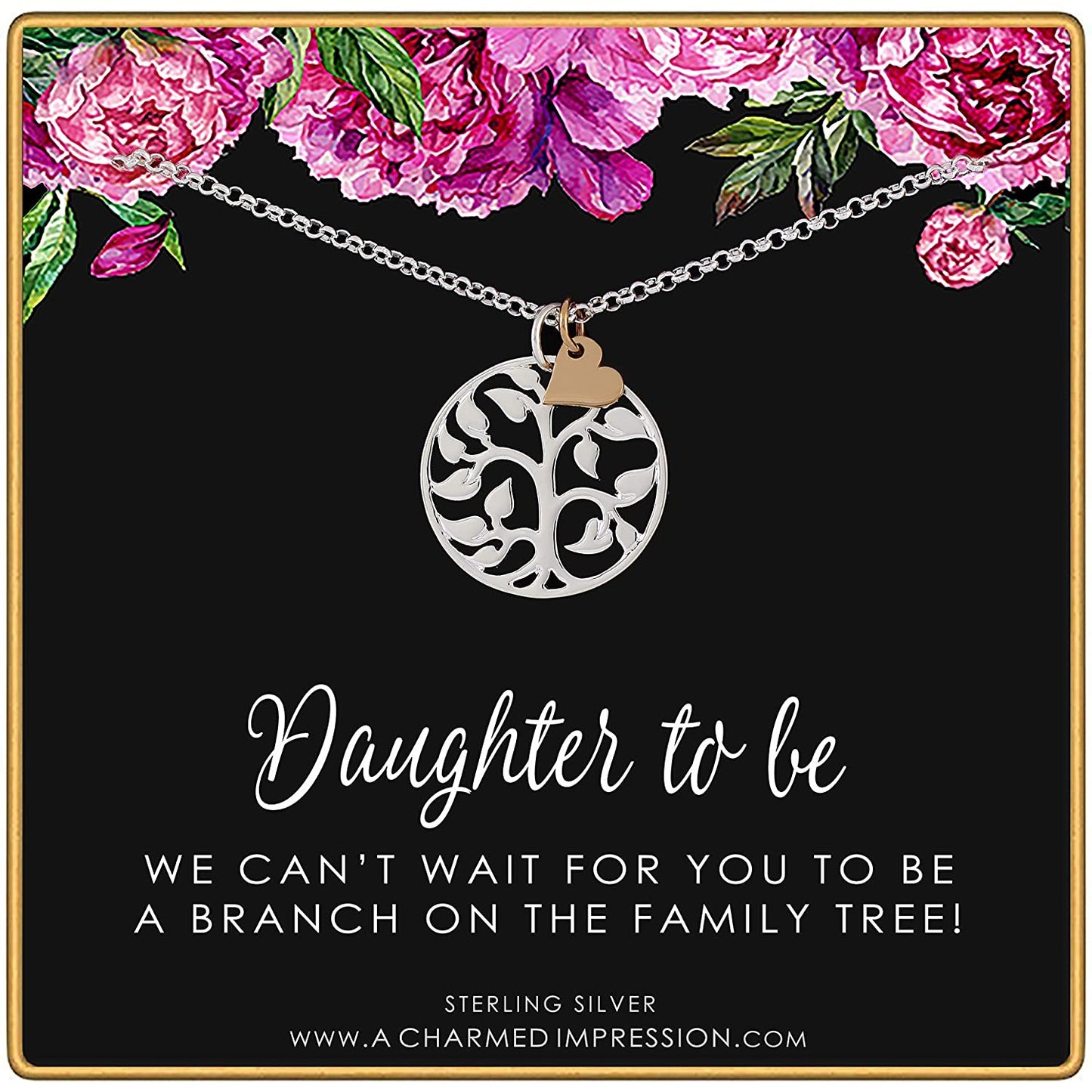 Daughter to be Gift • Welcome to Our Family Tree • Sterling Silver Necklace • 18 Inch Chain • Silver Tree Gold Heart Charm • Handcrafted Intentional Jewelry