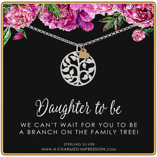 Daughter to be Gift • Welcome to Our Family Tree • Sterling Silver Necklace • 18 Inch Chain • Silver Tree Gold Heart Charm • Handcrafted Intentional Jewelry