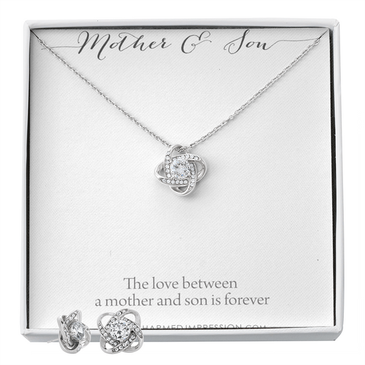 Gifts for Mom - Mother and Son Necklace & Earrings - Boy Mom Gift - Love Knot Charm - Infinite Love Jewelry - 14k White Gold - Adjustable Length Mahogany Style Luxury Box