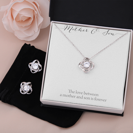 Gifts for Mom - Mother and Son Necklace & Earrings - Boy Mom Gift - Love Knot Charm - Infinite Love Jewelry - 14k White Gold - Adjustable Length Mahogany Style Luxury Box