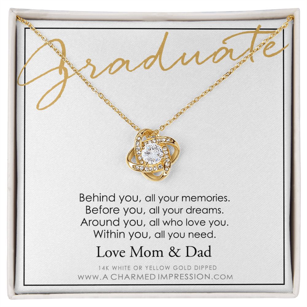 Personalized Graduation Necklace, Behind You and Before You Message Card, Celebration Present  - Love Knot Necklace