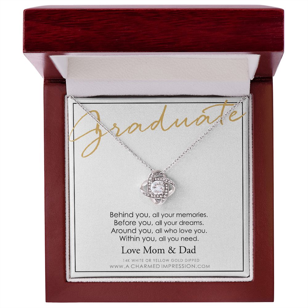Personalized Graduation Necklace, Behind You and Before You Message Card, Celebration Present  - Love Knot Necklace