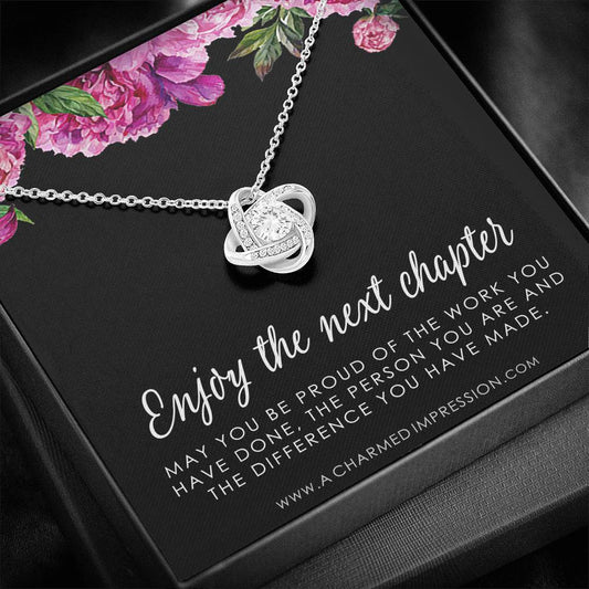 Retirement Gifts for Women, Enjoy the Next Chapter New Job, Promotion, Service Appreciation, Retirement Gift for Her, CZ Love Knot Necklace