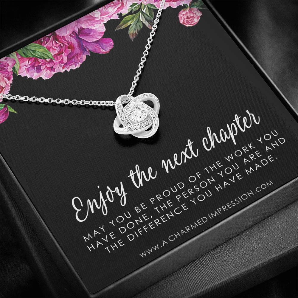 Retirement Gifts for Women, Enjoy the Next Chapter New Job, Promotion, Service Appreciation, Retirement Gift for Her, Love Knot CZ Diamond Necklace