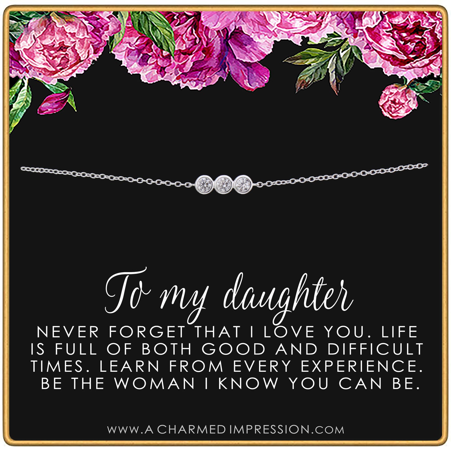 To My Daughter • Inspirational Jewelry • Gifts for Her • From Mom Dad • Ideas for Birthday Christmas Graduation Wedding • 3 Crystal Bracelet