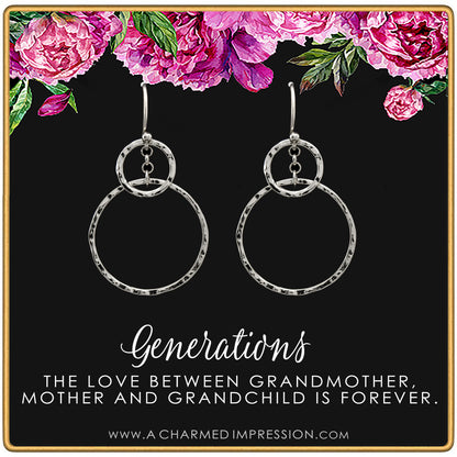 Three Generations Earrings • Best Grandma Gifts • Grandmother, Mother, Grandchild Gifts for Mothers Day Jewelry Birthday • Hammered Rings Earrings
