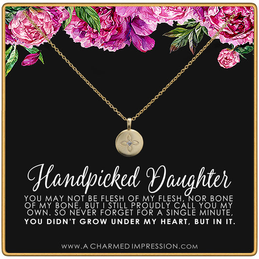 Handpicked Daughter • Jewelry Gifts for Adopted Child • Daughter Gift Necklace • From Mom Dad • Adoption Keepsake• Unbiological Mother Father Gifts • Women Girls • Lotus Crystal Disc Necklace