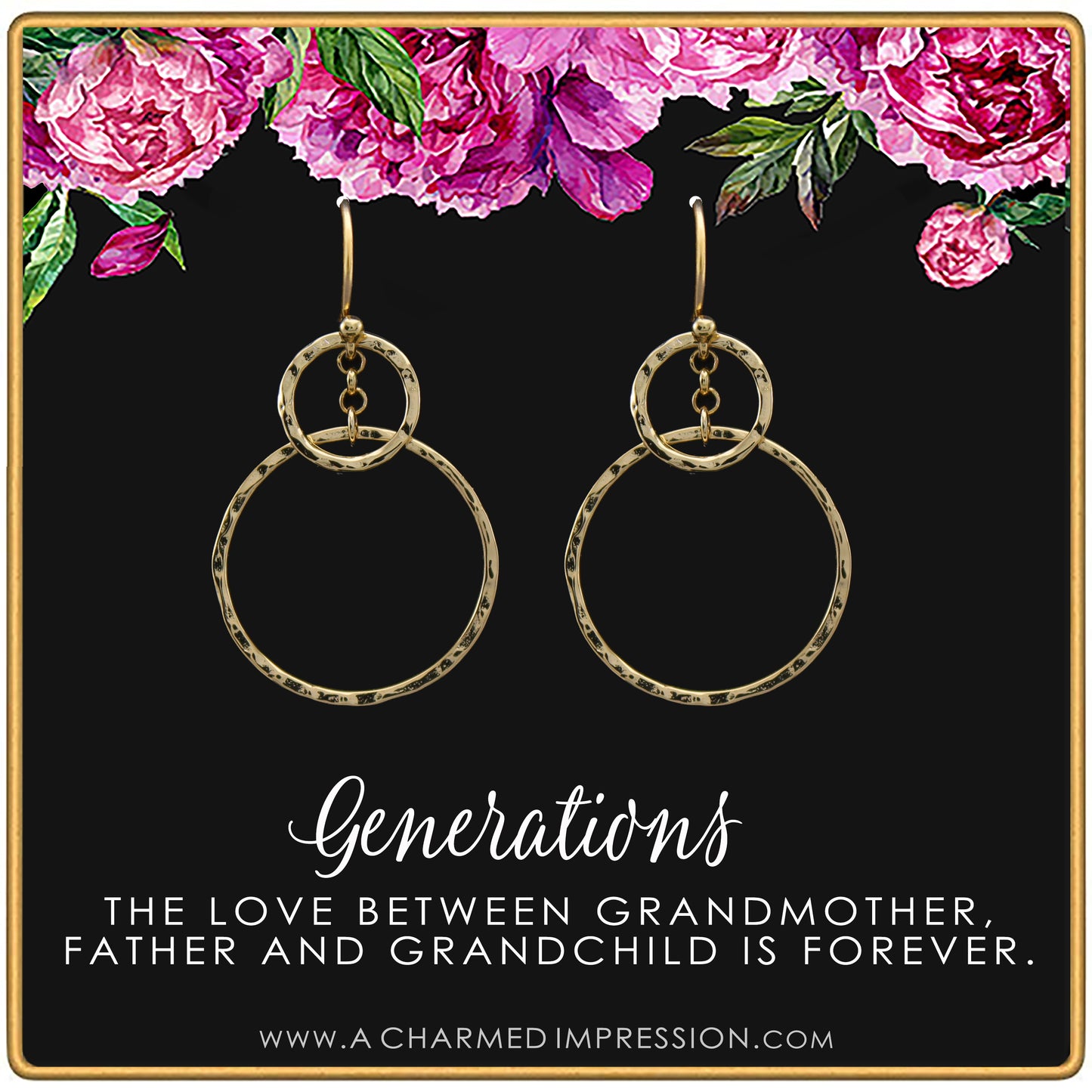 Three Generations Earrings • Best Grandma Gifts • Grandmother, Father, Grandchild Gifts for Mothers Day Jewelry Birthday • Hammered Rings Earrings