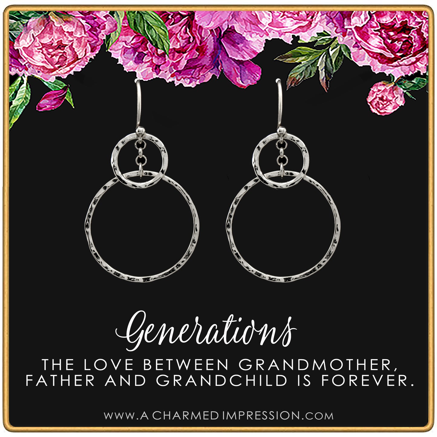Three Generations Earrings • Best Grandma Gifts • Grandmother, Father, Grandchild Gifts for Mothers Day Jewelry Birthday • Hammered Rings Earrings