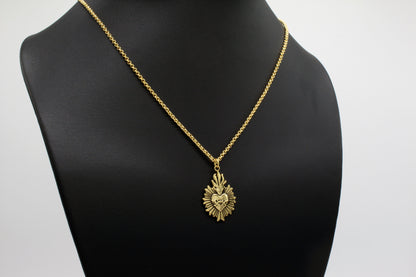 Gold Sacred Flaming Heart with Thorns Charm Necklace • 14k Gold Filled Chain • Solid Bronze Heart • God's Love • Jesus Love Pendant Necklace