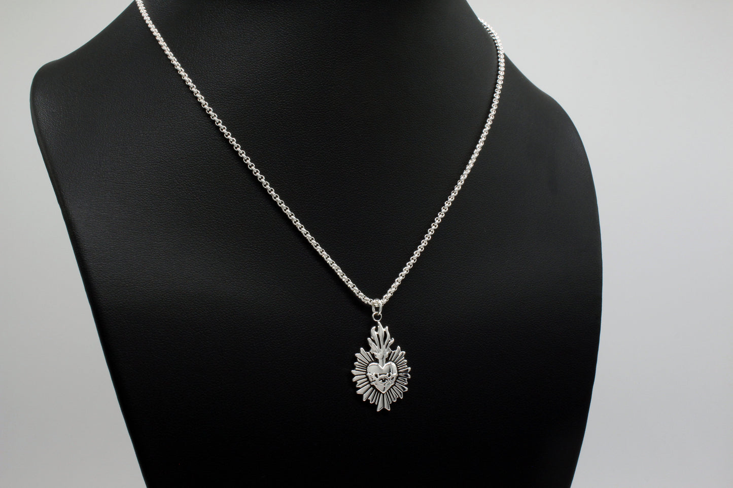 Sacred Flaming Heart with Thorns Charm Necklace • Solid Sterling Silver Heart • God's Love • Jesus Love Pendant Necklace