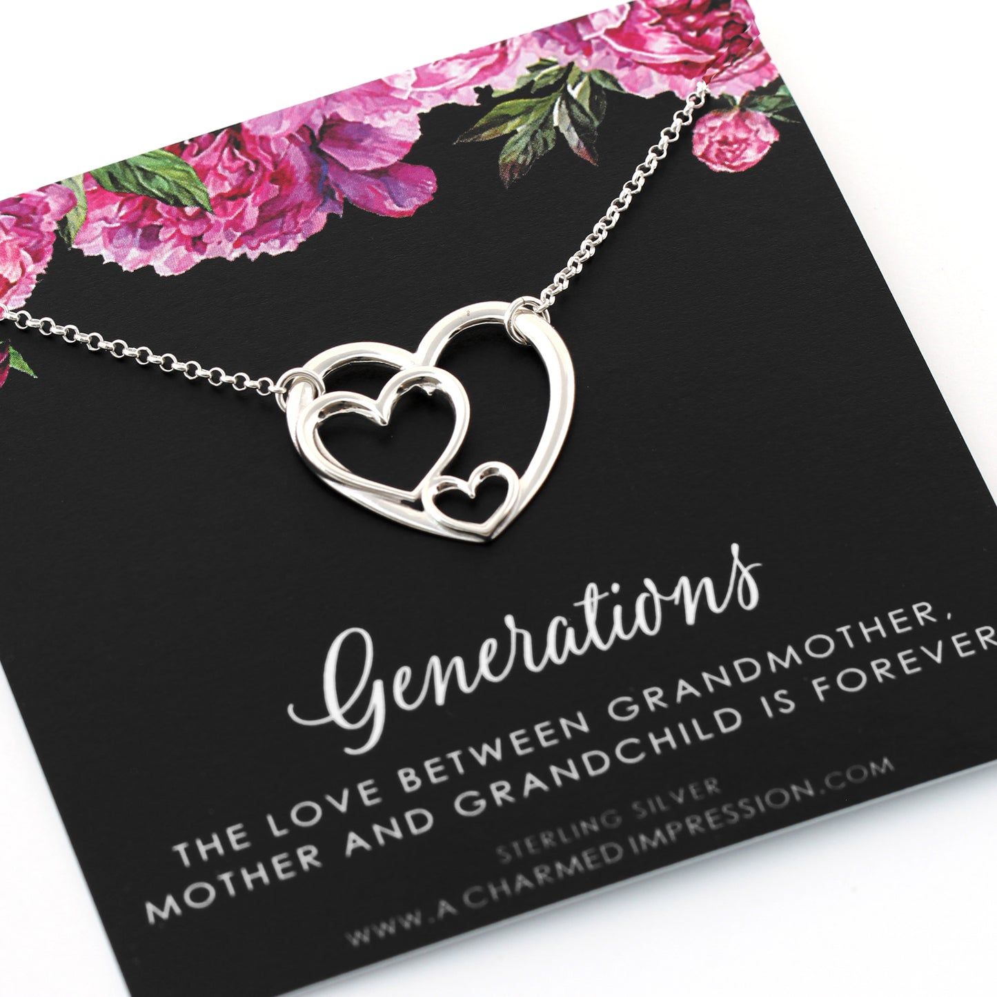Three Generations Grandmother Mother and Grandchild Necklace Triple Hearts