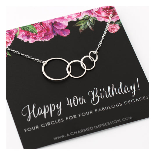 40th Birthday Gift for Women • Silver • Four Connected Circles • 4 Decades Celebration • 40 Years Old • Happy Fortieth Birthday Gifts • 4 Interlocking Rings Necklace