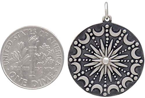 Sterling Silver Sun and Moon Mandala Necklace • Celestial Pendant • Lunar Moon Phases • Crescent Moon Necklace • Antiqued Sterling Silver Chain