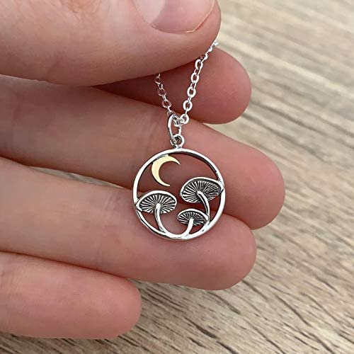Sterling Silver Mushroom Charm Necklace • Bronze Crescent Moon • Two Tone Crescent Moon Pendant • Celestial • Mushroom Charm Jewelry