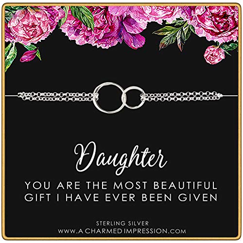 A Charmed Impression Daughter Gifts from Mom Dad • Gift for Adult Daughter • Sterling Silver Bracelet • Two Connected Eternity Circles • Daughter Birthday Card and Jewelry for Women Teenage Girl