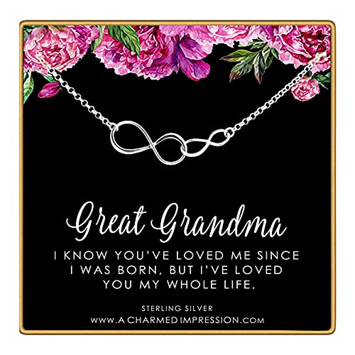 Great Grandma Gifts • Great Grandmother & Grandchild • Sterling Silver Infinity Necklace • Keepsake Gift From Granddaughter Grandson • Birthday Christmas Ideas for Women • Meaningful Sentimental Gifts