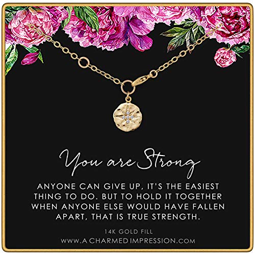 A Charmed Impression You are Strong Bracelet • Survivor Bracelet • 14k Gold • Encouragement Gifts for Women • CZ Diamond Starburst Charm • Never Give Up • Cancer Sobriety Recovery Loss Divorce
