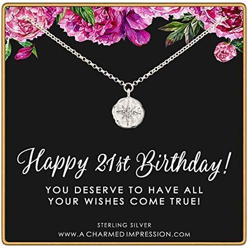 21st Birthday Gift • Diamond CZ Pendant • Silver • Starburst Charm • Compass North Star • Celestial Jewelry • Milestone Celebration • 21 Years Old • Simple Dainty Everyday Necklace