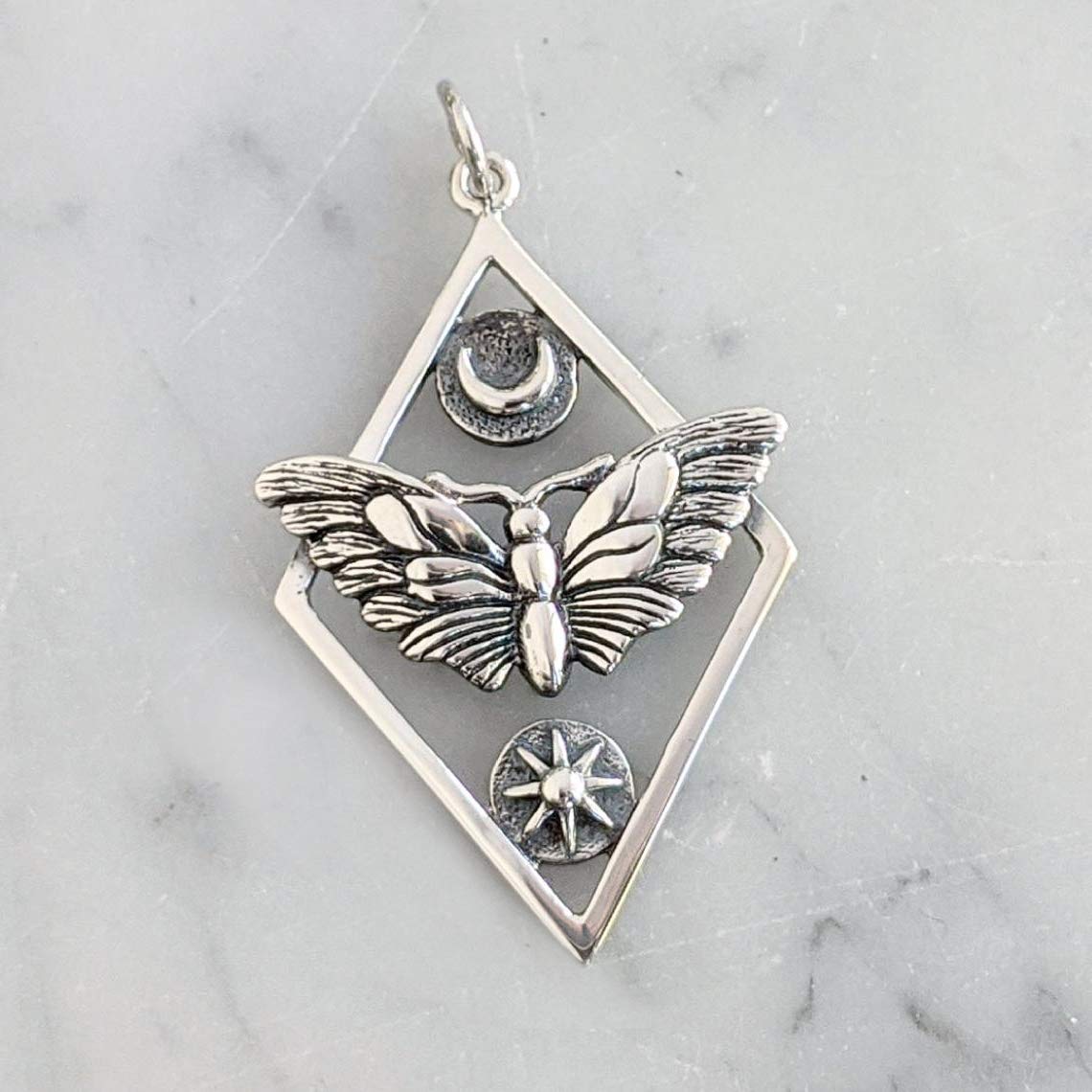 Two Cups Sterling Silver Butterfly Moth with Sun and Moon Charm • Moth Pendant • Butterfly Insect Bug Jewelry • Metaphysical Charm • Celestial Moon Phases Pendant • Intuition Jewelry