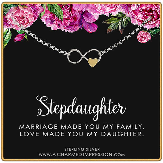 Stepdaughter Gifts for Girls Women • Stepdaughter bracelet • Silver Bracelet • Stepdaughter Gift from Mom Dad • Stepmom Stepdad • Infinite Love • Infinity Gold Heart • Gifts for Step Daughter