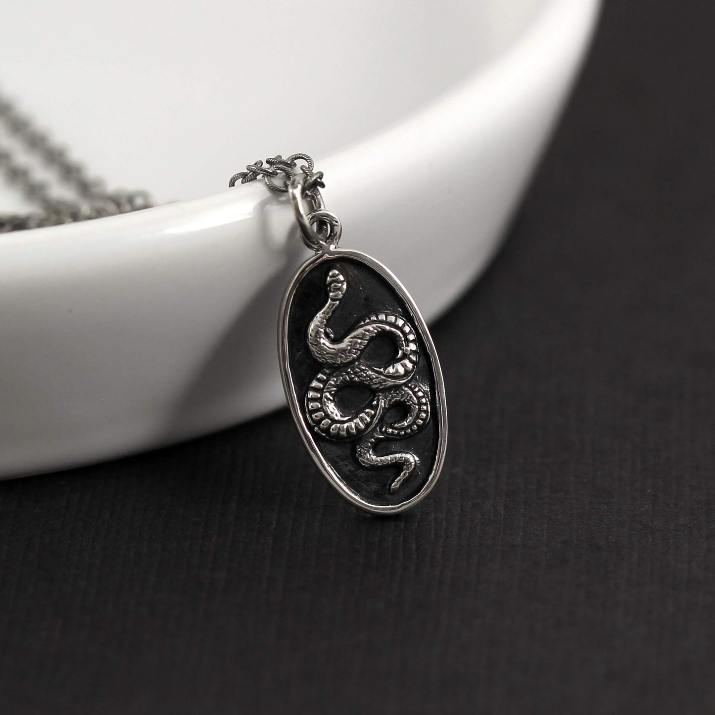 Two Cups Sterling Silver Oval Snake Pendant Necklace • Snake Spirit Talisman • Antiqued Sterling Silver Chain